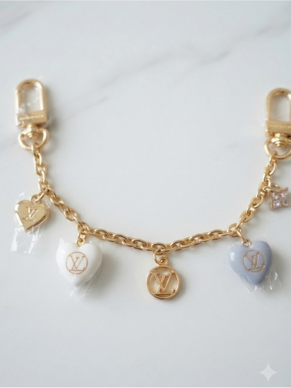 Brand New ! Gold Chain Charm with White and Light Blue Heart Pendants
